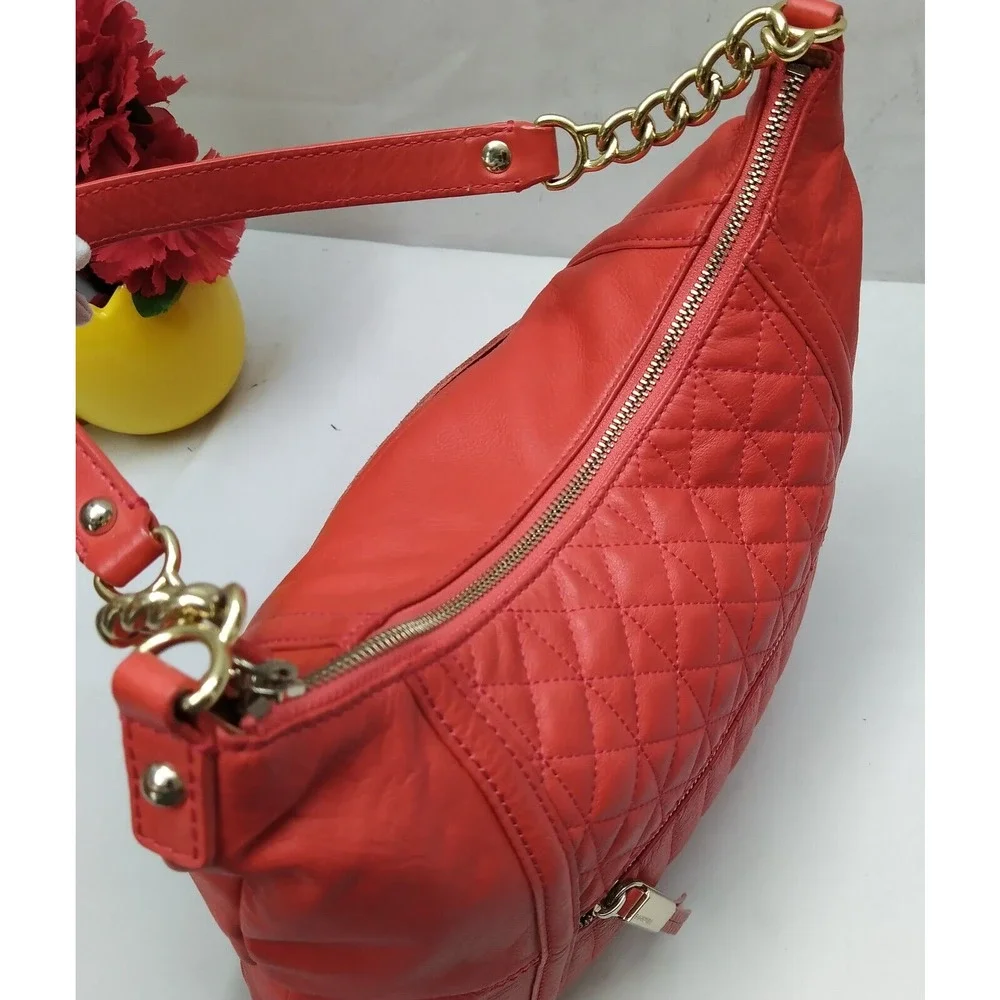 B. Makowsky Red Leather Quilted Chain Strap Zipper Hobo Shoulder Bag
